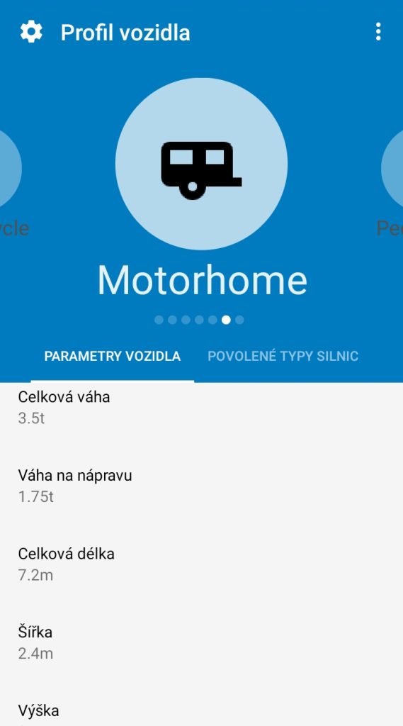 Navigator Truck Pro - nastavení profilu vozidla obytné auto - karavan