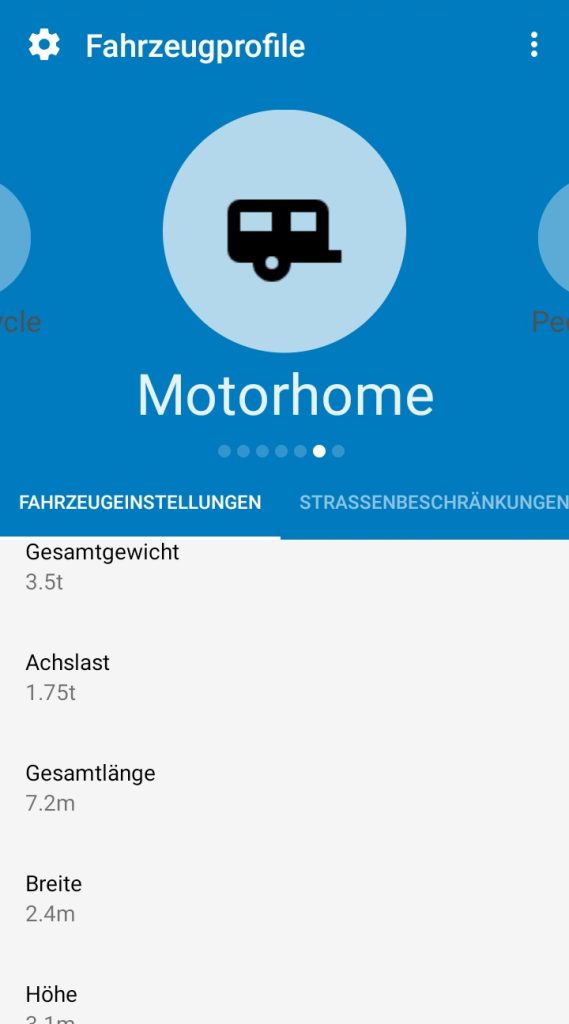 Fahrzeugeinstellung des Profils Wohnmobil in Mapfactor Navigator Navi-App